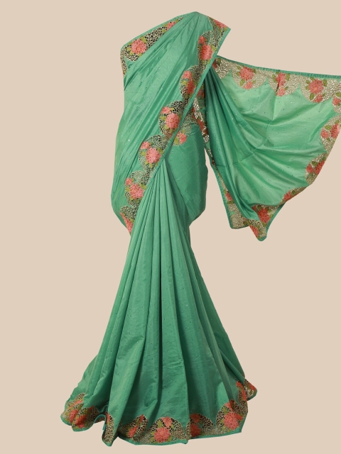 Pothys Sea Green & Pink Floral Embroidered Jute Silk Saree