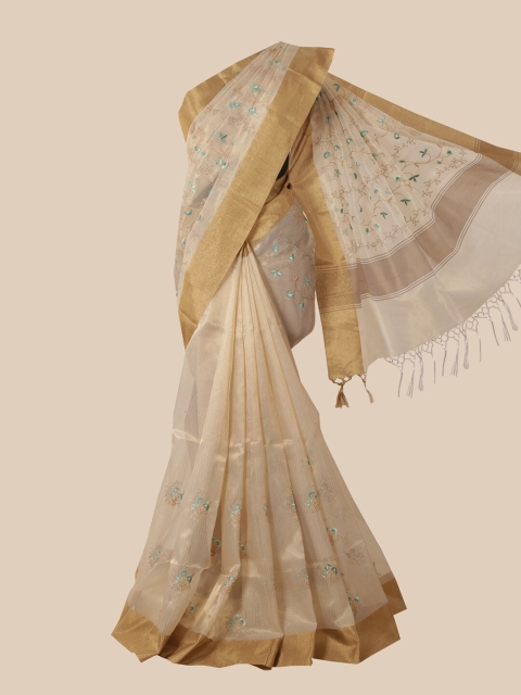 Pothys Cream & Blue Ethnic Motifs Tissue Saree