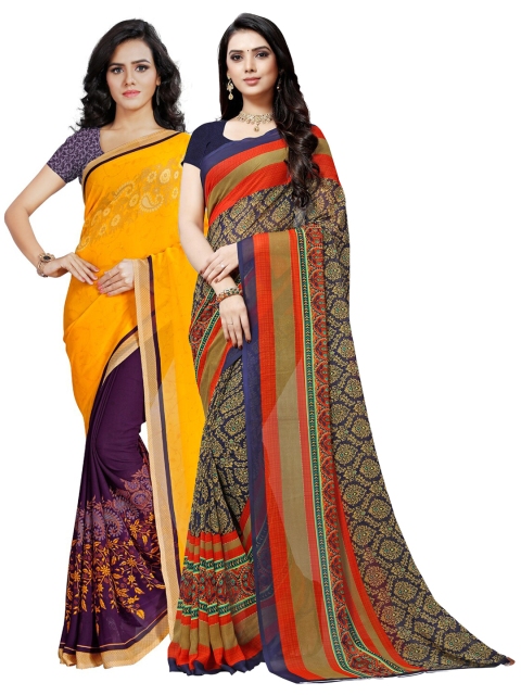 KALINI Pack Of 2 Yellow & Navy Blue Printed Saree