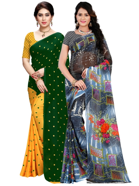 KALINI Pack Of 2 Grey & Green Floral Sarees
