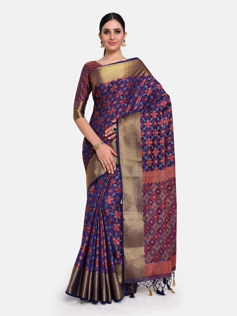 MIMOSA Navy Blue & Red Art Silk Patola Saree