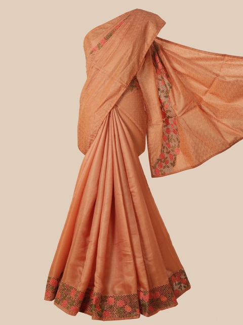 Pothys Peach Ethnic Motifs Schiffli Jute Silk Half and Half Saree