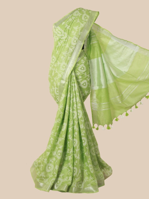 Pothys Green & White Floral Zari Jute Cotton Saree