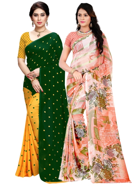 KALINI Pack of 2 Green & Peach-Coloured Floral Poly Georgette Saree
