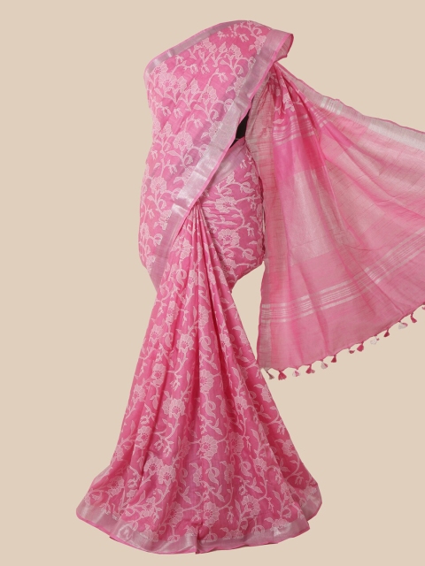 Pothys Pink & White Floral Zari Jute Cotton Saree