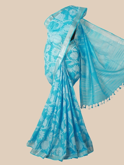 Pothys Blue Floral Jute Cotton Saree