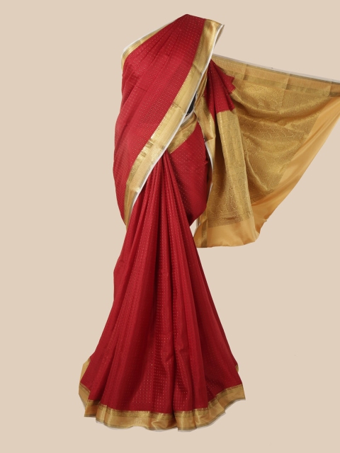 Pothys Red & Gold-Toned Checked Zari Pure Silk Mysore Silk Saree