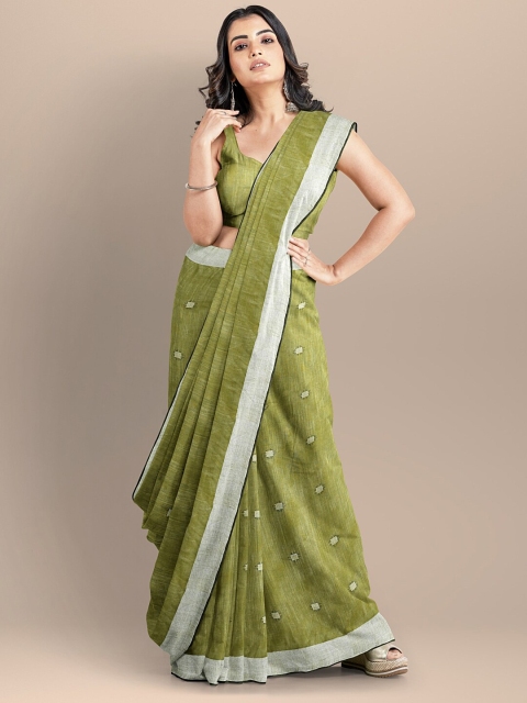 BharatSthali Green & Grey Woven Design Pure Cotton Mangalagiri Saree