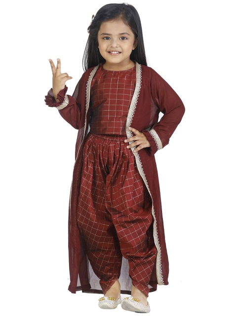 LilPicks Girls Brown Checked Pure Silk Top with Dhoti Pants & Jacket