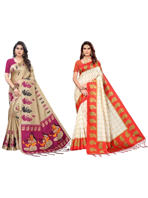 KALINI Pack Of 2 Red & Orange Ethnic Motifs Art Silk Saree