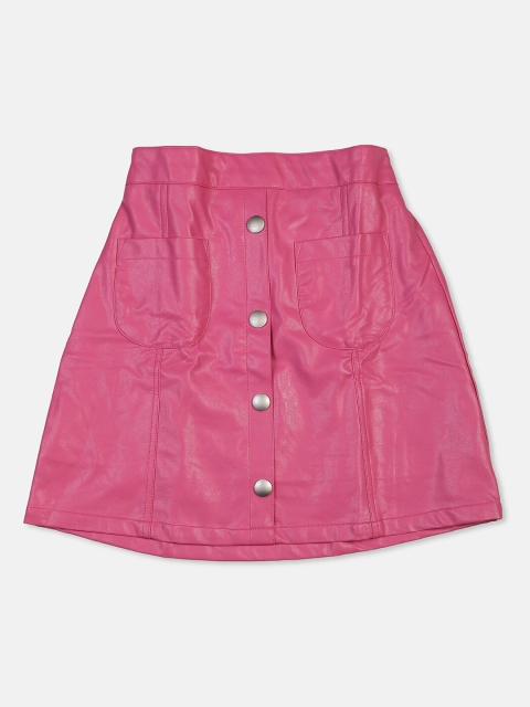 Nins Moda Girls Pink Solid Leather A-Line Mini Skirt