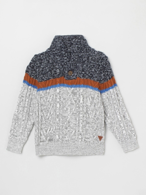 max Boys Grey & Brown Colourblocked Cable Knit Pullover