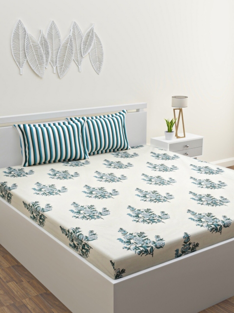 HOME AFFAIRS White & Green Floral 180 TC King Bedsheet with 2 Pillow Covers
