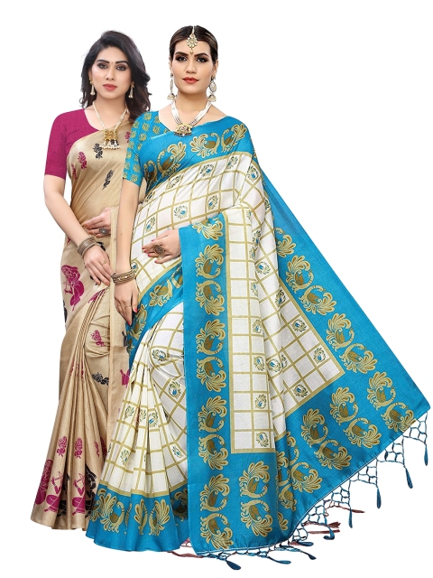 KALINI Pack Of 2 Off White & Magenta Ethnic Motifs Art Silk Saree
