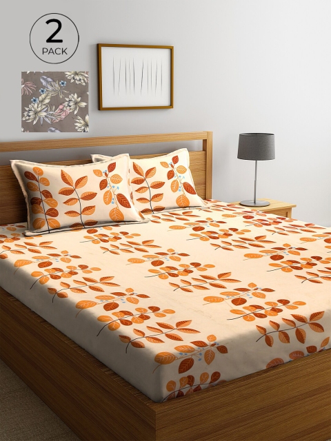 KLOTTHE Orange & Tan Floral 210 TC 2 King Bedsheet with 4 Pillow Covers
