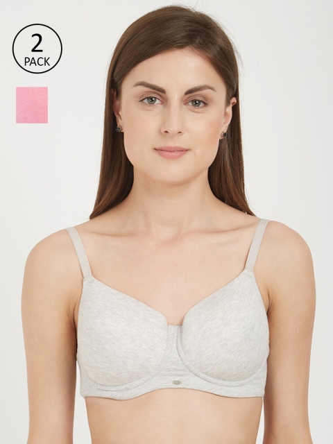 Soie Grey Melange & Pink Set of 2 Full Coverage Lightly Padded T-shirt Bra
