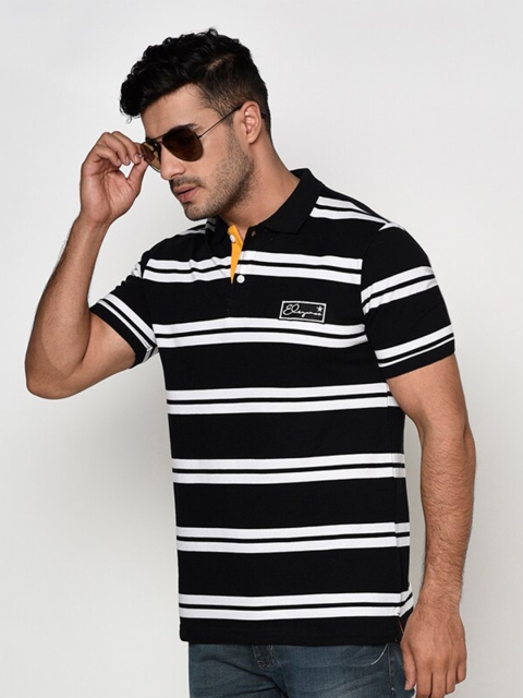ELEGANCE Men Black & White Striped Polo Collar Slim Fit T-shirt