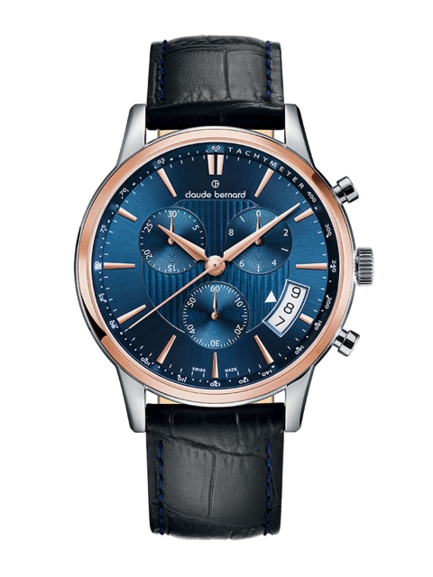 claude bernard Men Blue Dial & Black Leather Textured Straps Analogue Watch 01002 357R