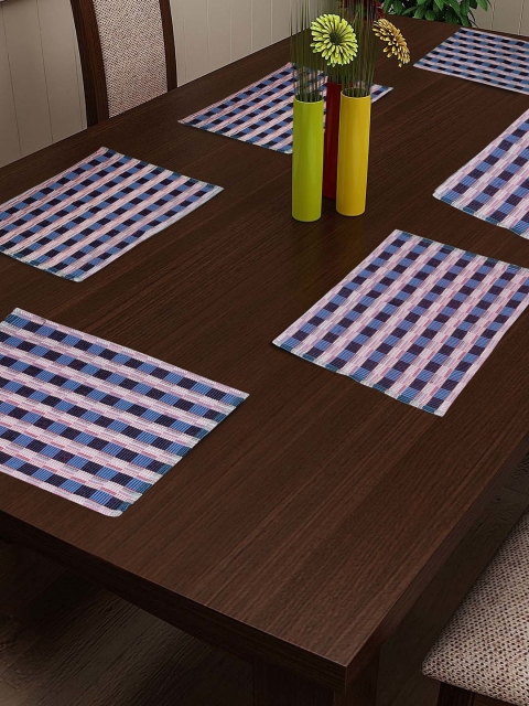 NEUDIS Set Of 6 Blue & Pink Checked Hand Woven Pure Cotton Rectangular Table Placemats