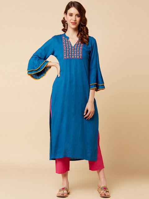 Varanga Women Blue Ethnic Motifs Yoke Design Flared Sleeves Thread Work Kurta