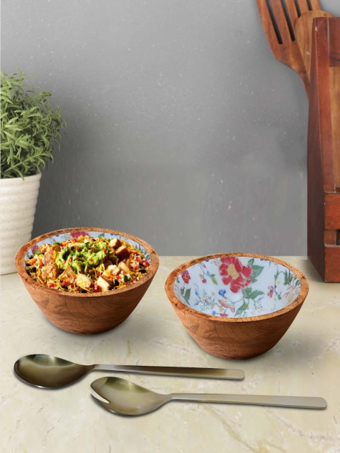 nestroots Set of 4 Brown & White Printed Bowls & Servers