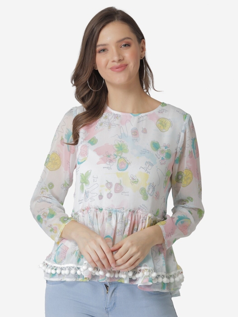 Modriba Off White Floral Chiffon Peplum Top