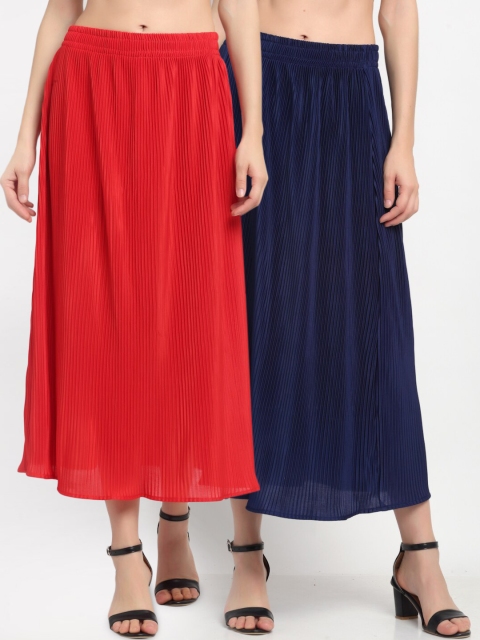 NEUDIS Women Pack Of 2 Navy Blue & Red Solid Accordion Pleated Flared Maxi Skirts