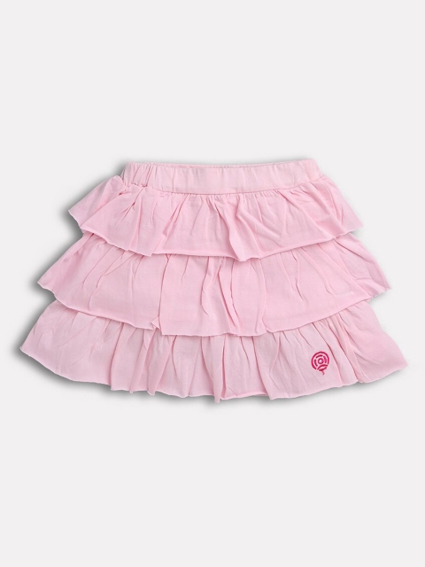 TAMBOURINE Girls Pink Solid Pure Cotton Knee-Length Tiered Skirt