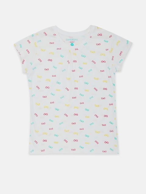 Pantaloons Junior Girls White Printed Cotton Pure Cotton T-shirt