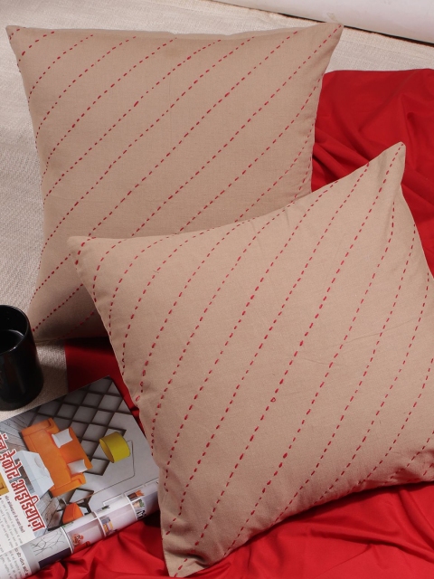 Molcha Set Of 2 Beige & Red Striped Square Cushion Covers