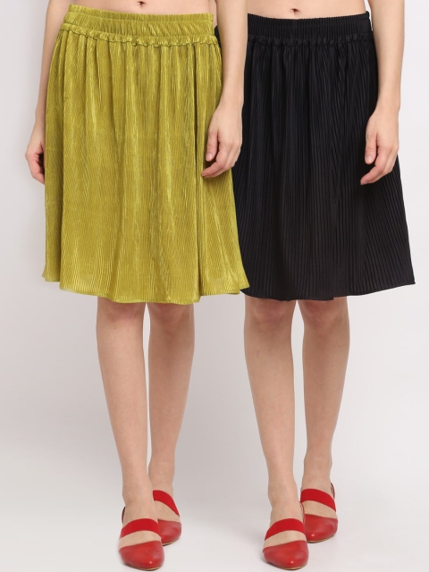 NEUDIS Women Pack of 2 Solid Accordion Pleated Flared Knee-Length Skirts, Black