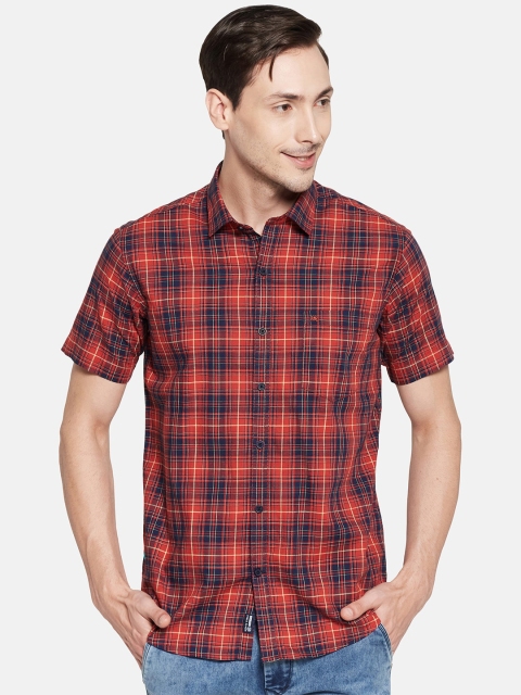 Monte Carlo Men Red & Navy Blue Tartan Checked Cotton Casual Shirt