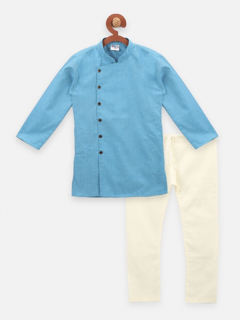 LilPicks Boys Blue Angrakha Pure Cotton Kurta with Pyjamas