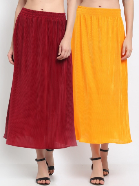 NEUDIS Women Pack Of 2 Maroon & Yellow Solid Accordion Pleated Flared Maxi Skirts
