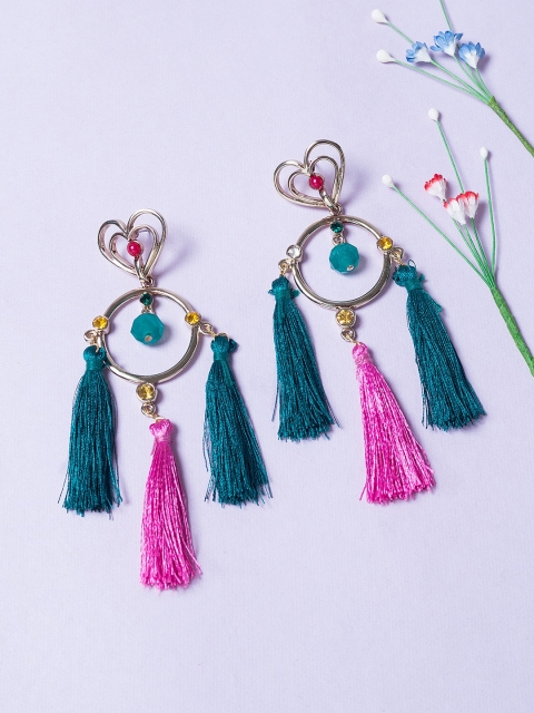 Golden Peacock Teal & Pink Contemporary Drop Earrings