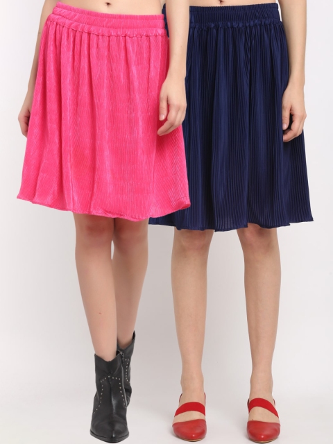 NEUDIS Women Pack of 2 Solid Accordion-Pleated Midi Flared Knee-Length Skirts, Pink