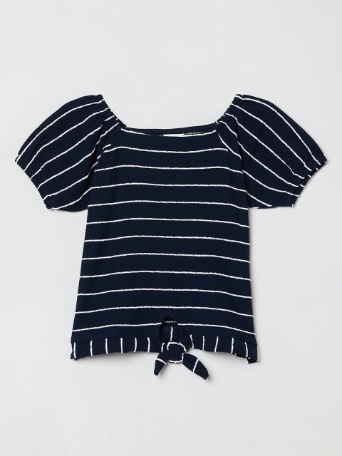 max Girls Blue & White Striped Puff Sleeve Bardot Top