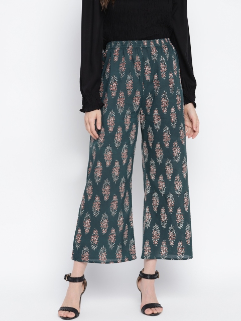 Aawari Women Grey & Brown Floral Printed Knitted Cropped Palazzos