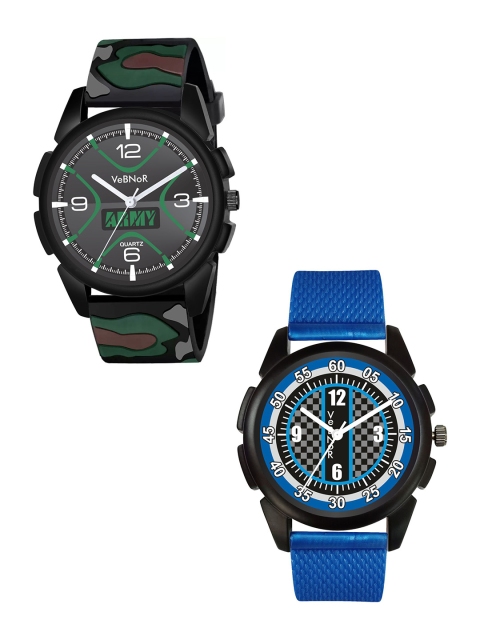VeBNoR Boys Black Dial & Multicoloured Straps Pack of 2 Analogue Watch, Green