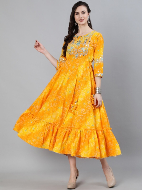 Ishin DESIGNER STUDIO Yellow Ethnic Motifs A-Line Midi Dress
