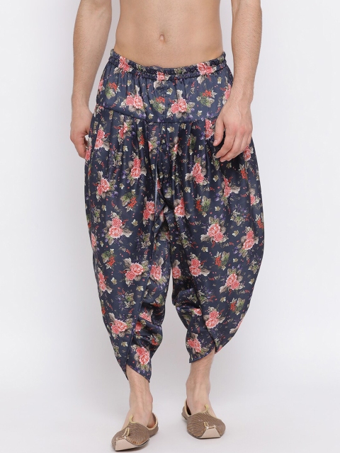 VASTRAMAY Men Navy Blue & Pink Silk Blend Floral Digital Printed Cowl Dhoti