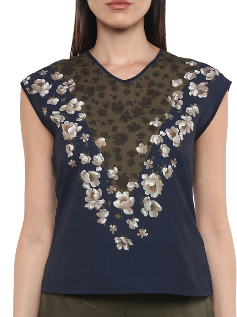 Ted Baker Navy Blue Floral Extended Sleeves Regular Top
