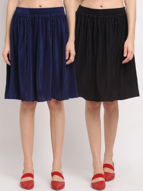 NEUDIS Women Pack Of 2 Solid A-Line Accordion Pleated Knee-Length Skirts, Black