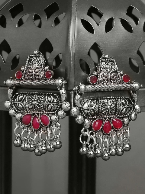 OOMPH Oxidised Silver & Maroon Faux Ruby Stone Studded Floral Drop Earrings