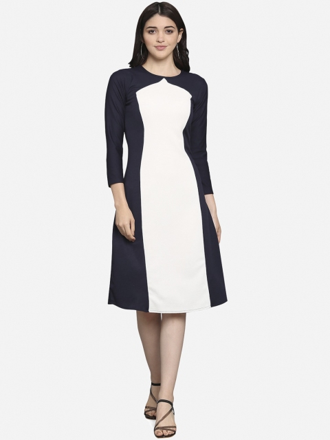 PURVAJA Navy Blue & Cream-Coloured Colourblocked A-Line Dress