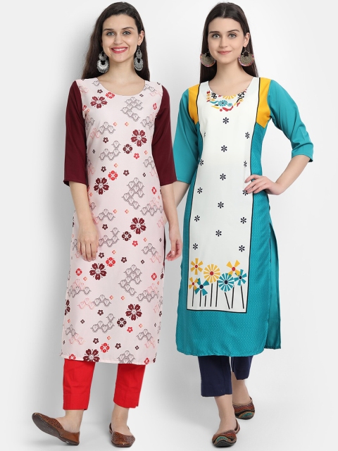 Ethnic basket Women Pack Of 2 White & Pink Floral Printed Crepe Kurta