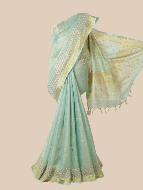 Pothys Green & White Embellished Linen Blend Saree