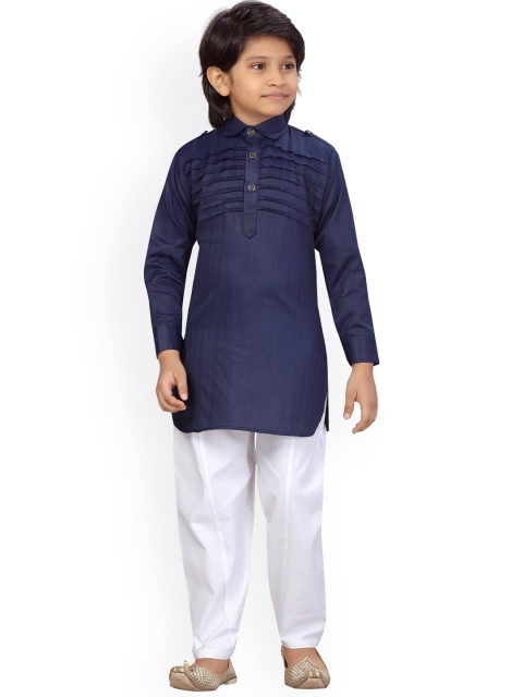 LITTLE MAFIA BY Aarika Boys Navy Blue Pleated Pure Cotton Kurta with Pyjamas