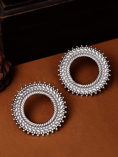 Rubans Silver-Toned Circular Oxidized Silver Plated & Handcrafted Drop Earrings