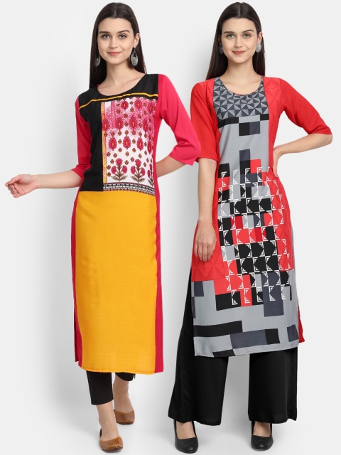 Ethnic basket Women Pack Of 2 Red & Pink Geometric Printed Crepe Kurtas